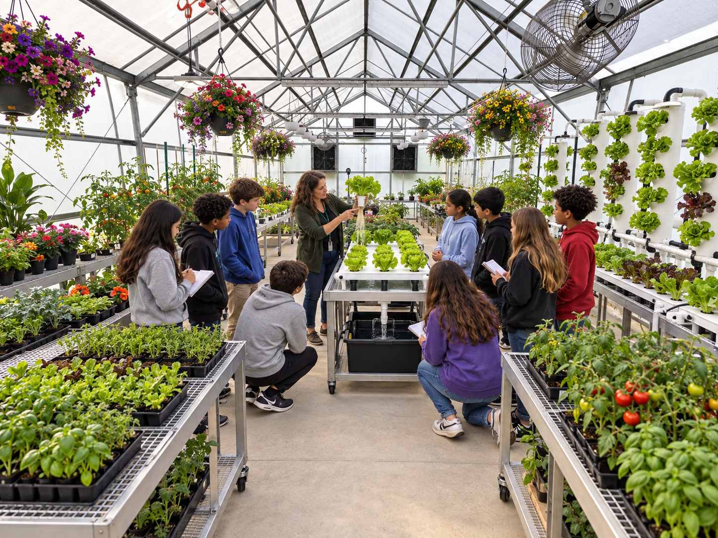 Concept visualization of a teacher leading middle school students through a hydroponics lesson inside the finished greenhouse